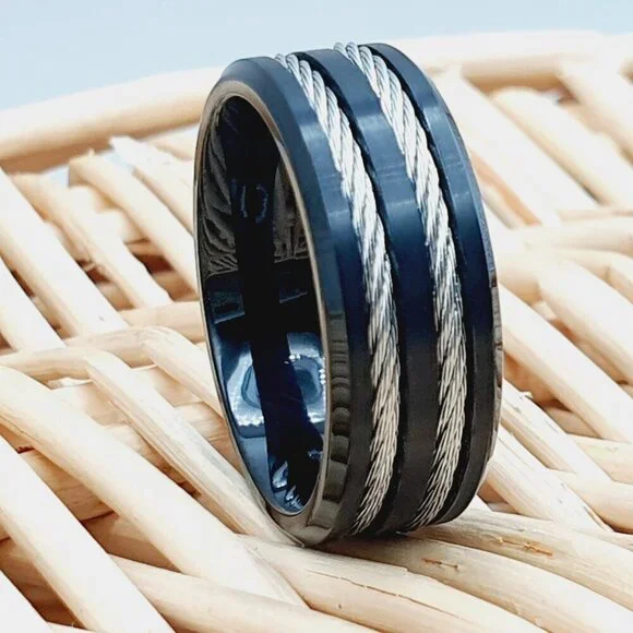 Rope Inlay Black Titanium Wedding Ring, GALTUN553
